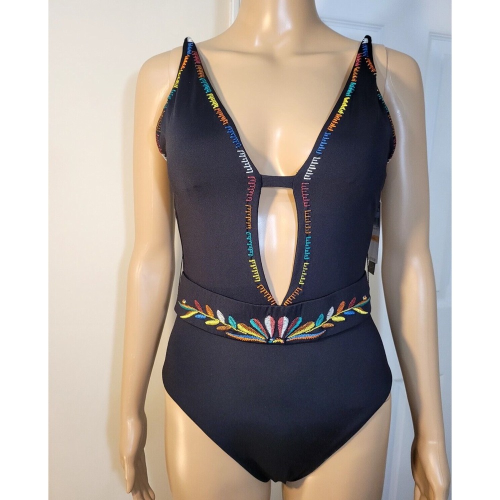 Soluna womens Swim Suit Small Black Plunge Bohemian One Piece Belted